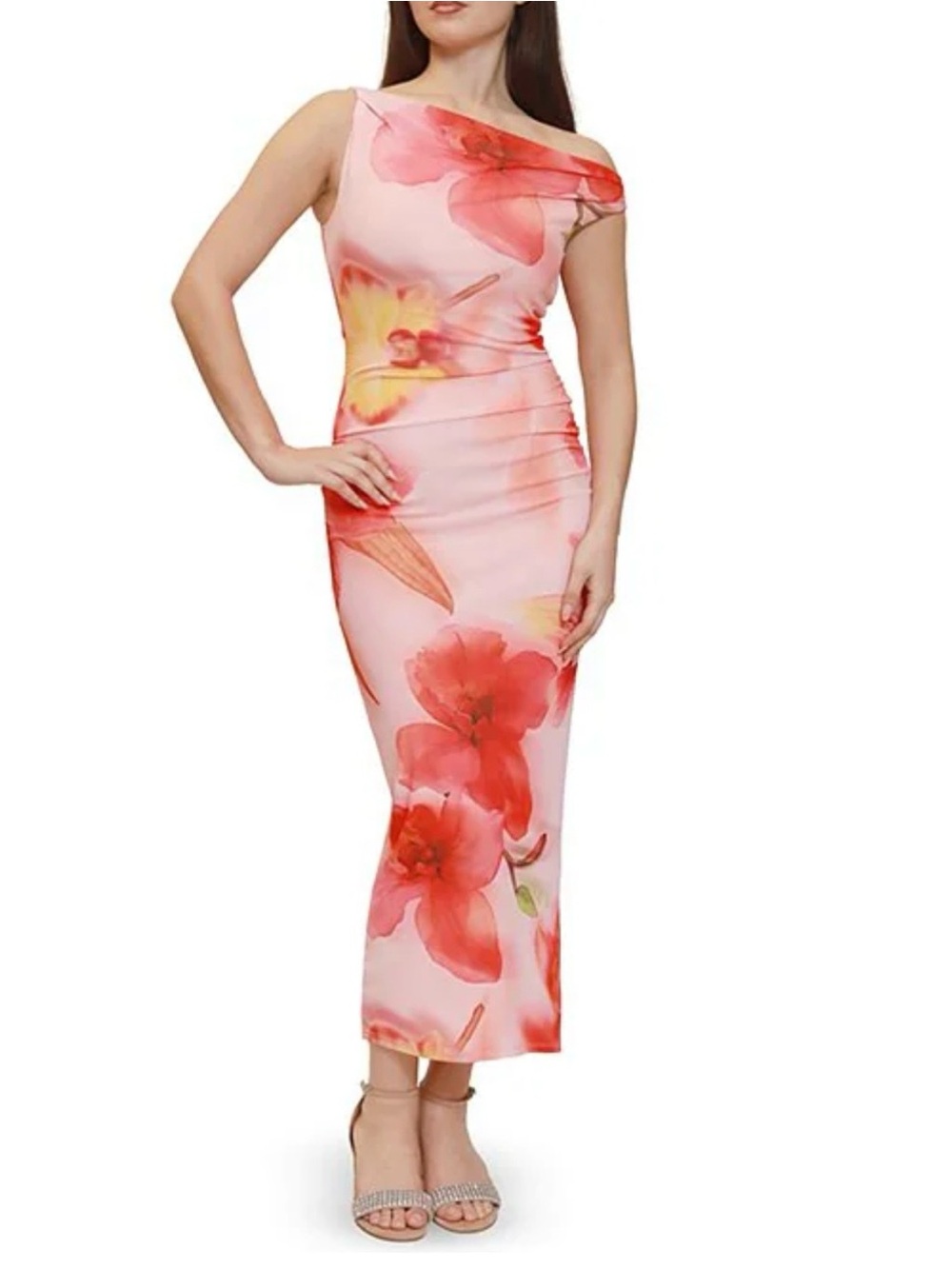 One-Shoulder Pink Floral Sheath Dress